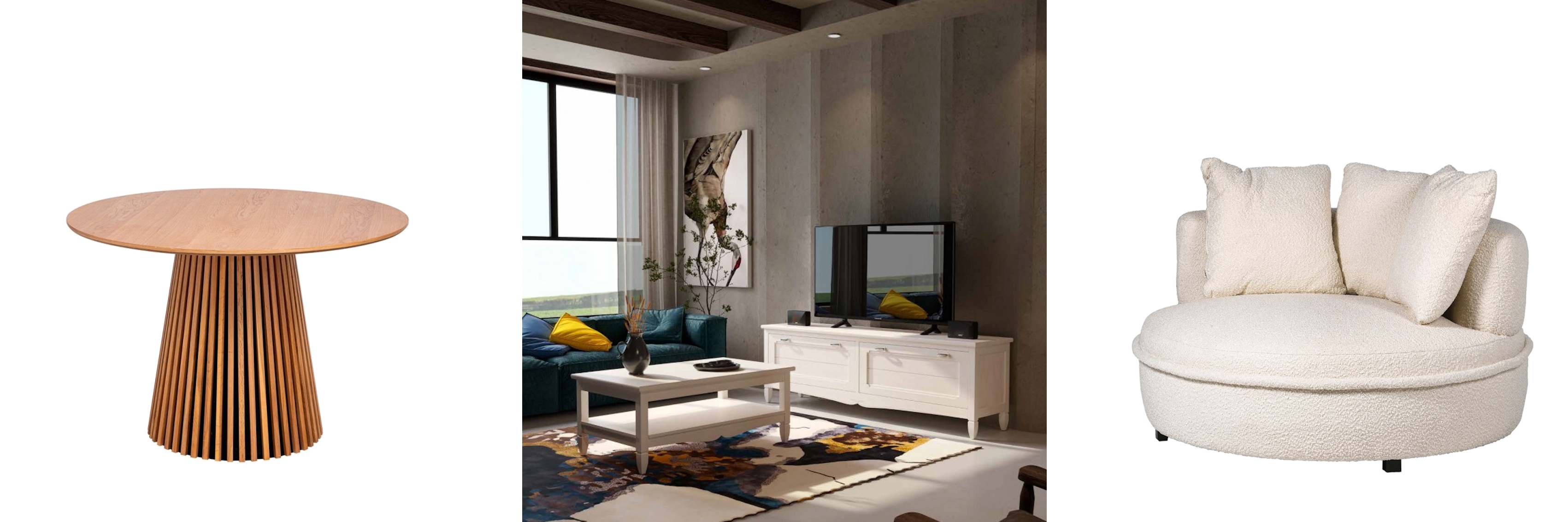 Dizajnový nadčasový nábytok masívny okrúhly jedálenský stôl Davidson s lamelovou modstavou a obývacia zostava Amberes v modernom vidieckom štýle a okrúhle biele bouclé kreslo Lala