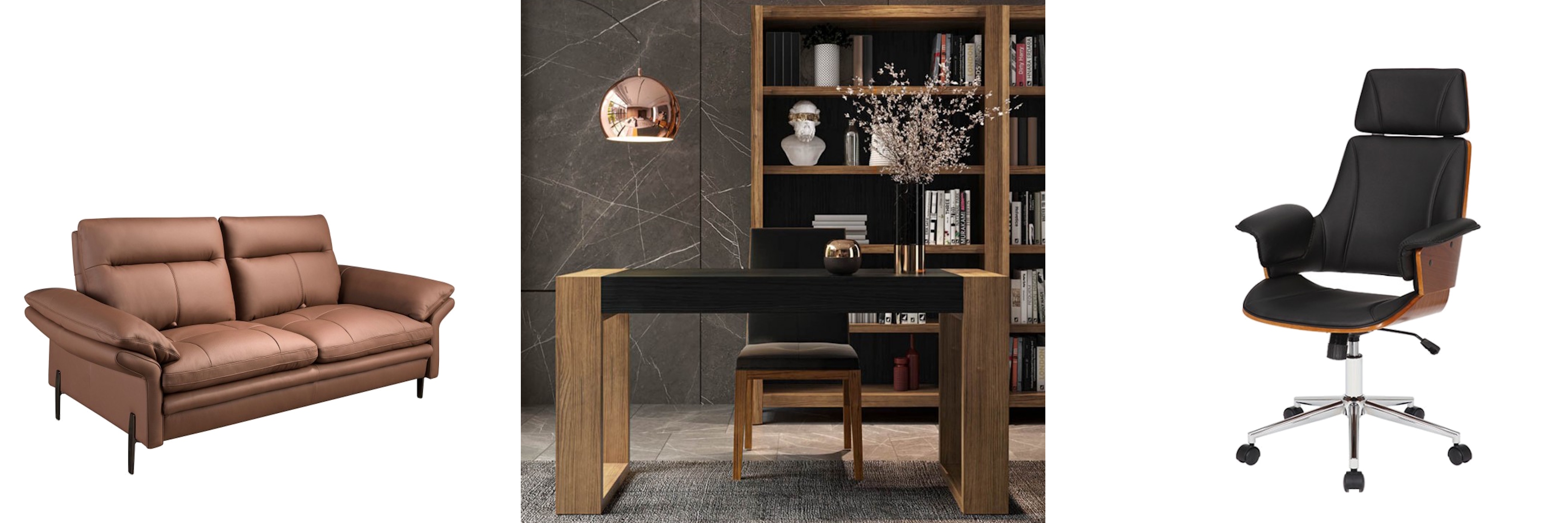 Luxusný nadčasový nábytok hnedá kožená dvojsedačka Vita Naturale a zostava nábytku do pracovne Lyon z masívneho dreva a kandelárske kreslo Madison s dreveným rámom a koženým poťahom
