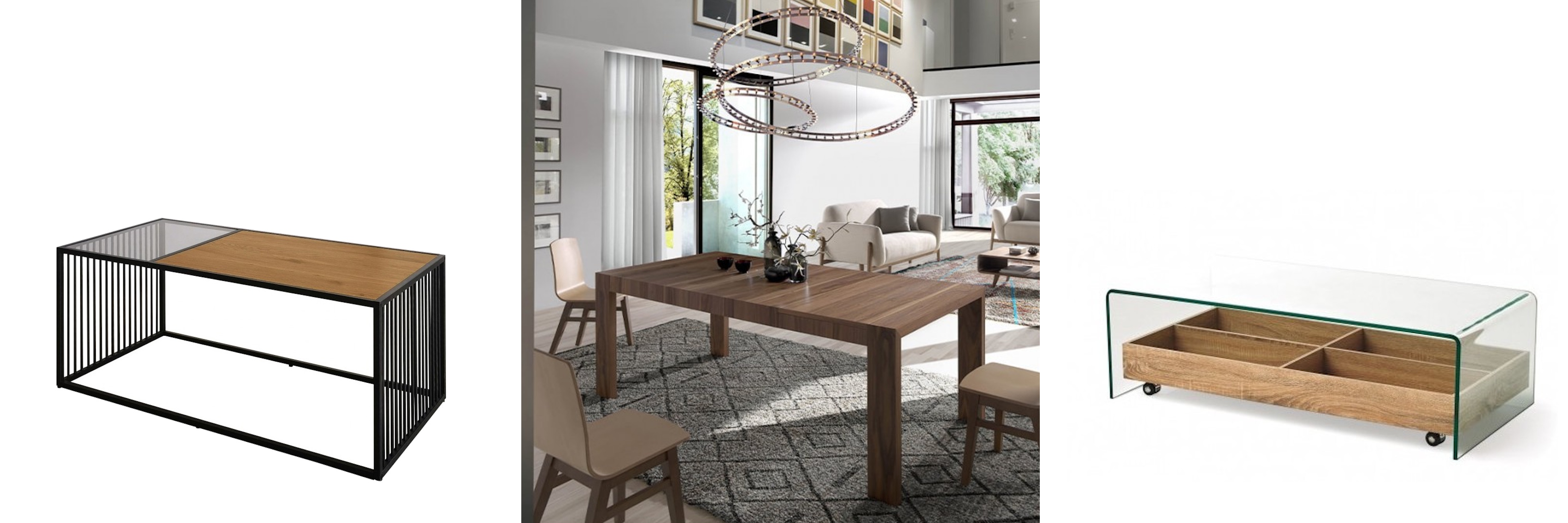 Dizajnové nadčasové stoly konferenčný stolík Westford v industriálnom štýle s kovovou konštrukciou a jedálenský stôl Vita Naturale z orechového dreva a sklenený konferenčný stolík Alize s dreveným úložným priestorom na kolieskach