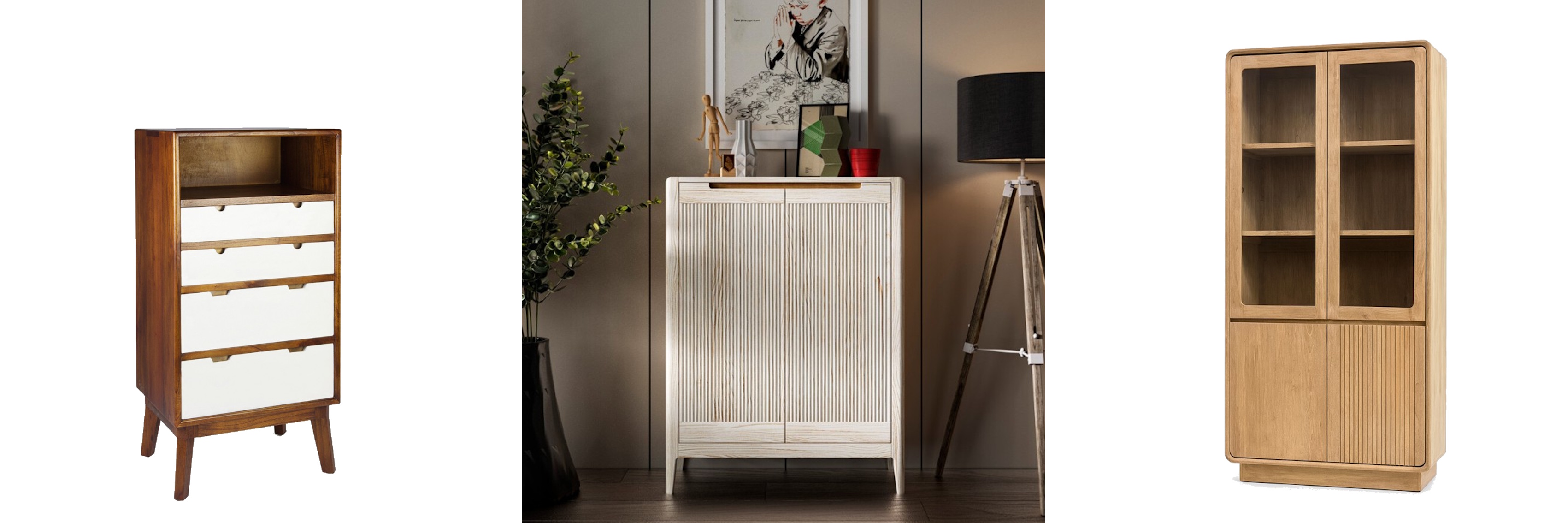 Nadčasové úložné priestory komoda Norse z dreva mindi v severskom štýle a dvojdverový botník Tallin s drážkovaným dizajnom a vysoká vitrína Riga s retro zaoblenými hranami