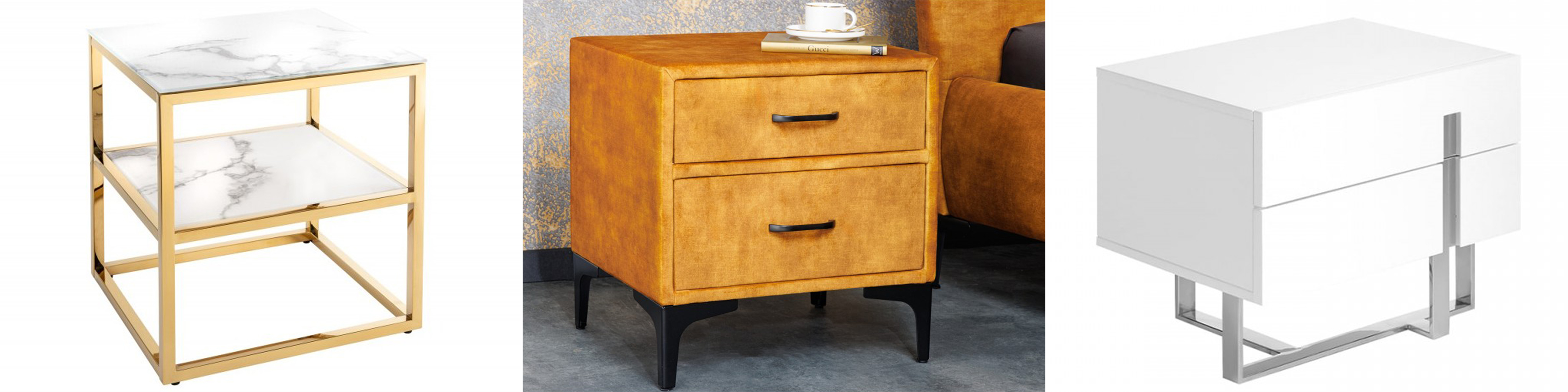 Luxusné nočné stolíky s kovovou podstavou a so zásuvkami a poličkami
