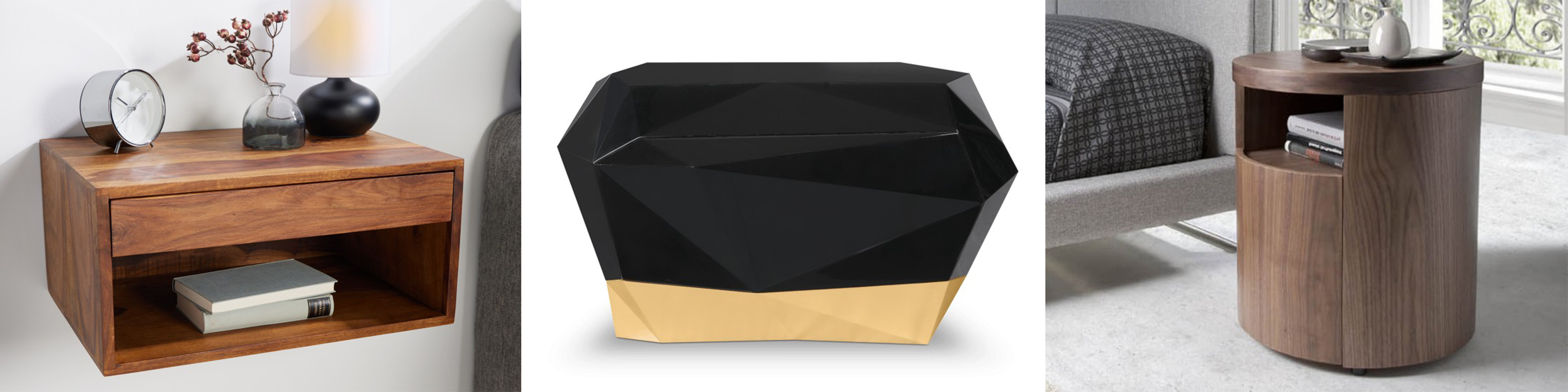 Luxusné dizajnové nočné stolíky atypického tvaru a závesný nočný stolík