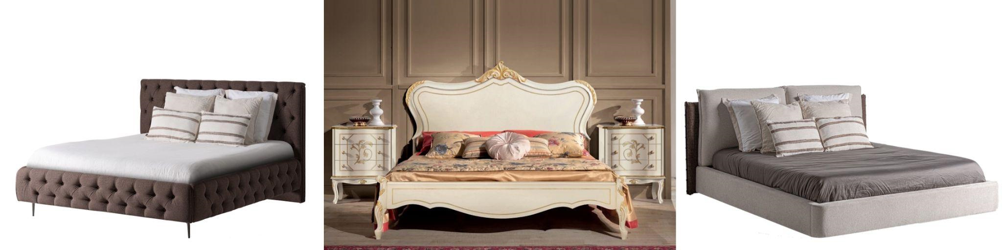 Luxusné manželské postele chesterfield moderná posteľ Mia s hnedým textilným poťahom a klasická rustikálna posteľ Clasicca s bielym vyrezávaným rámom so zlatými detailmi a moderná posteľ Mariano s poťahom v sivej a hnedej farbe
