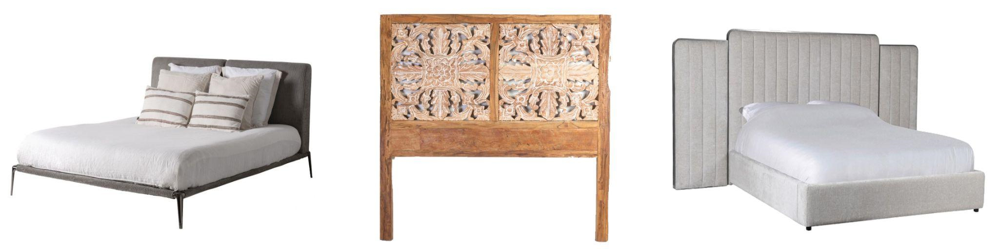 Dizajnové postele a čelá moderná sivá manželská posteľ Lindberg s lesklými nožičkami a drevené masívne čelo Talia s ornamentálnym zdobením a manželská posteľ Nubilia s rozšíreným čalúneným čelom s kovovým rámom