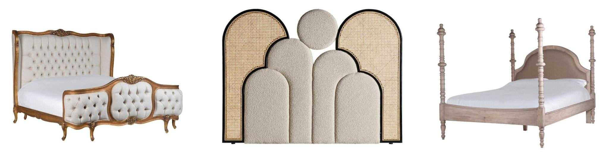 Dizajnové postele a čelá luxusná čalúnená posteľ Versailles s hlbokým prešívaným a zlatým rámom a art deco geometrické čelo s ratanovým výpletom a buklé a masívna vyrezávaná posteľ Nature so štyrmi vysokými stĺpikmi