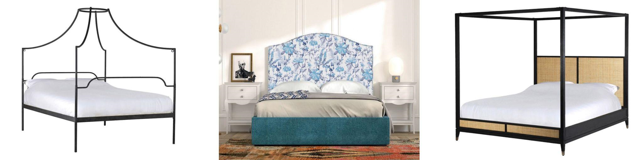 Dizajnové manželské postele zámocká posteľ Regina s čiernym rámom s nebesami a modrá čalúnená posteľ Genova s čelom s florálnym motívom a čierna posteľ Emperor s vysokými stĺpmi a ratanovým výpletom