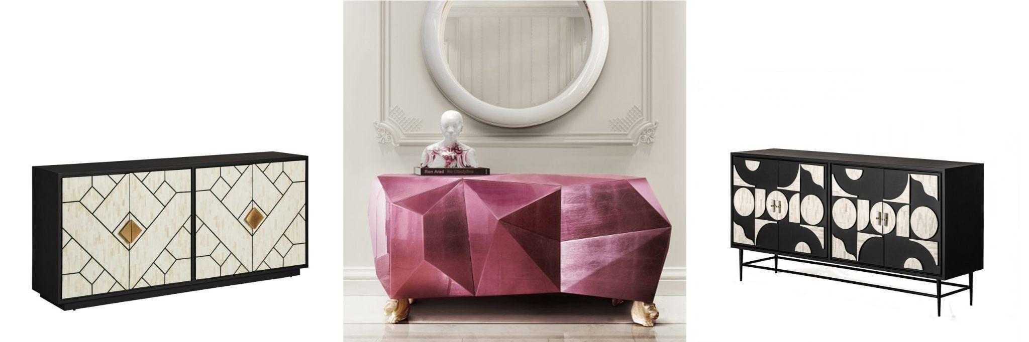 Luxusné príborníky art deco štvordverový príborník Anisa s čiernobielou kosťovou intarziou a glamour práborník Diamond Amethyst s atypickým tvarom vo fialovej farbe a dizajnový príborník Vasilij s čiernobielou geometrickou mozaikou