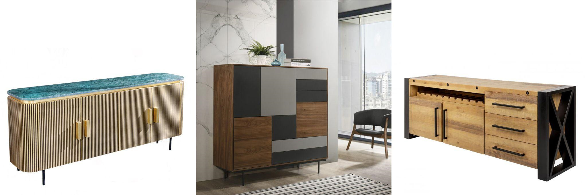 Luxusné príborníky art deco zlatý príborník Marmolla Verde so zelenou mramorovou doskou a vysoký škandinávsky príborník Nordica Nogal z orechového dreva so sivým akcentom a masívny príborník Adin s vinotékou kovovou konštrukciou