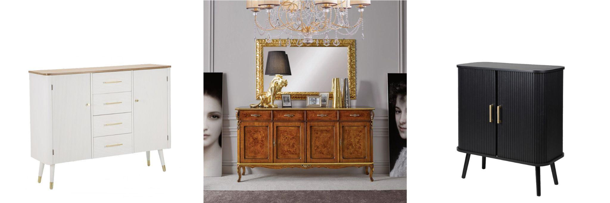 Dizajnové príborníky art deco biely príborník Samira so zlatými detailmi a klasický štvordverový príborník Clasica s vyrezávaným zdobením a dizajnový čierny príborník Benedict s dvomi dvierkami s lamelami