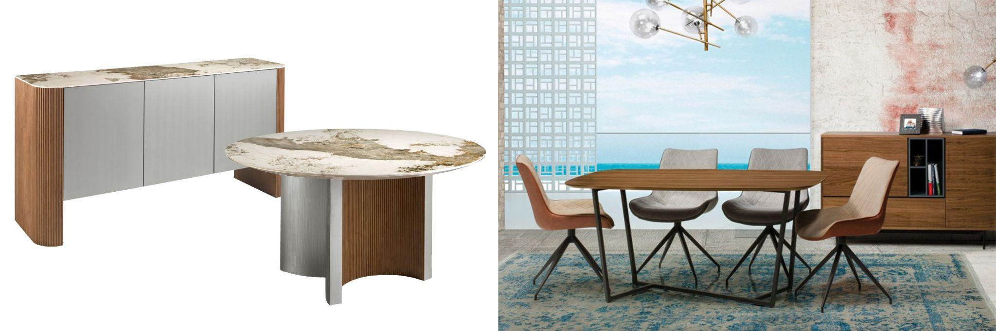 Luxusné zostavy nábytku do jedálne mramorový príborník a jedálenský stôl Esté v art deco štýle a moderná jedálenská zostava Vidar z masívu a kovu