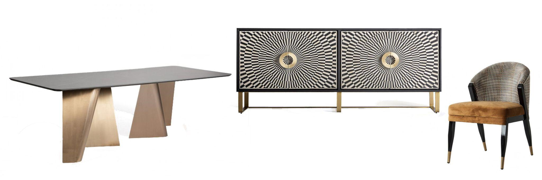 Luxusný art deco nábytok do jedálne jedálenský stôl Cortina s dizajnovou zlatou podstavou a čiernou mramorovou doskou a štvordverový príborník Caderina s čierno-bielou intarziou so vzorom lúčov a čalúnená jedálenská stolička Brilon so žltým sedadlom a vzorovanou opierkou