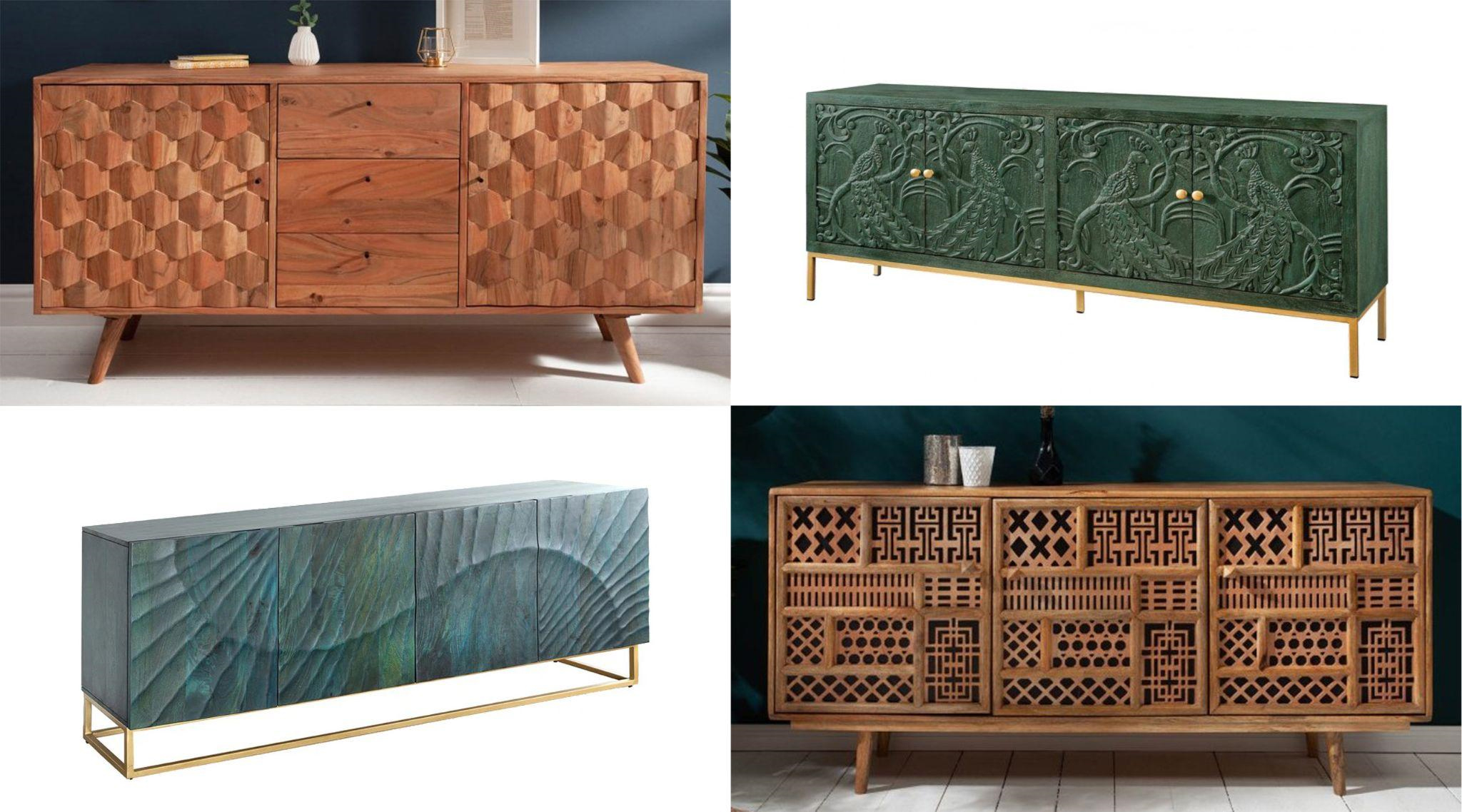 Dizajnové príborníky masívny príborník Mozaika s vykladaným zdobením dvierok a vintage príborník Birdy v zelenej farbe s vyrezávanými pávmi a modrý príborník Cumbria s organickým reliéfom vlny a masívny príborník Adasil s vyrzávanou orientálnou výzdobou