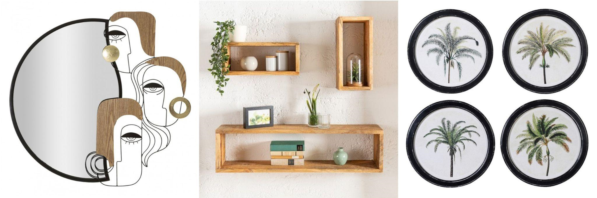 Dizajnové doplnky nad príborník zrkadlo Dona s moderným zdobením s motívom ženských tvárí a sada masívnych políc Hemingway a sada štyroch okrúhlych obrazov Peran s vintage motívom paliem