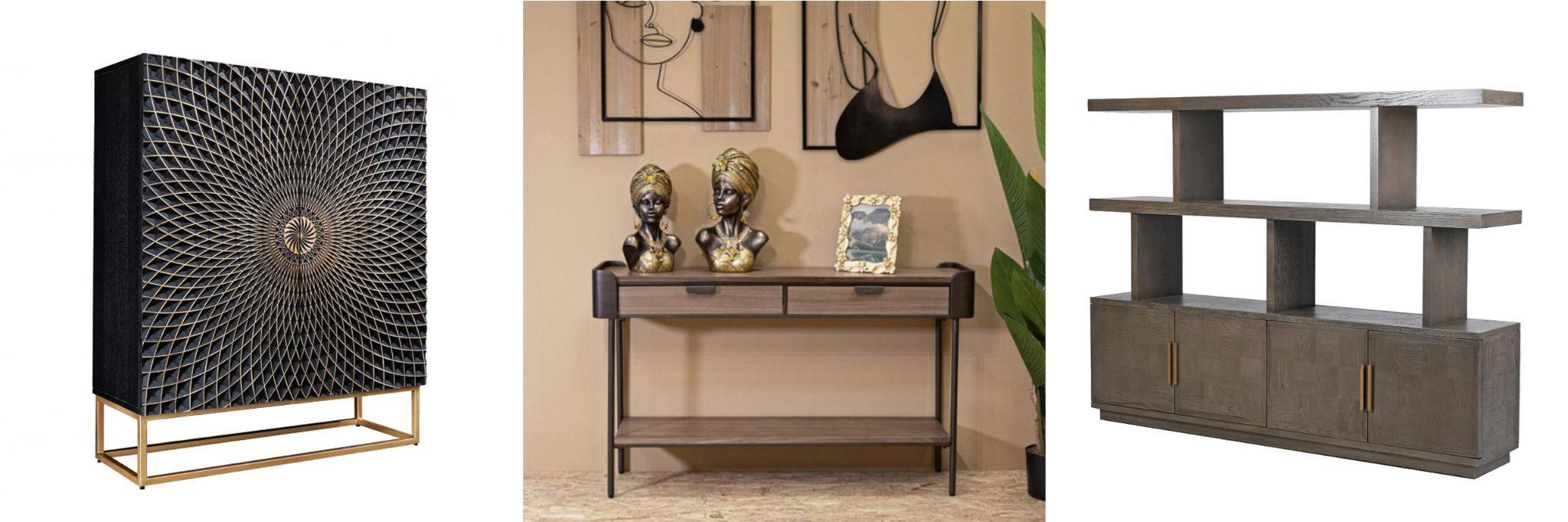 Dizajnový luxusný nábytok orientálna čierna barová skrinka Astrid s mandalou a industriálny hnedý konzolový stolík Lavient s úložným priestorom a knižnica Quadria Gris s policami a skrinkami