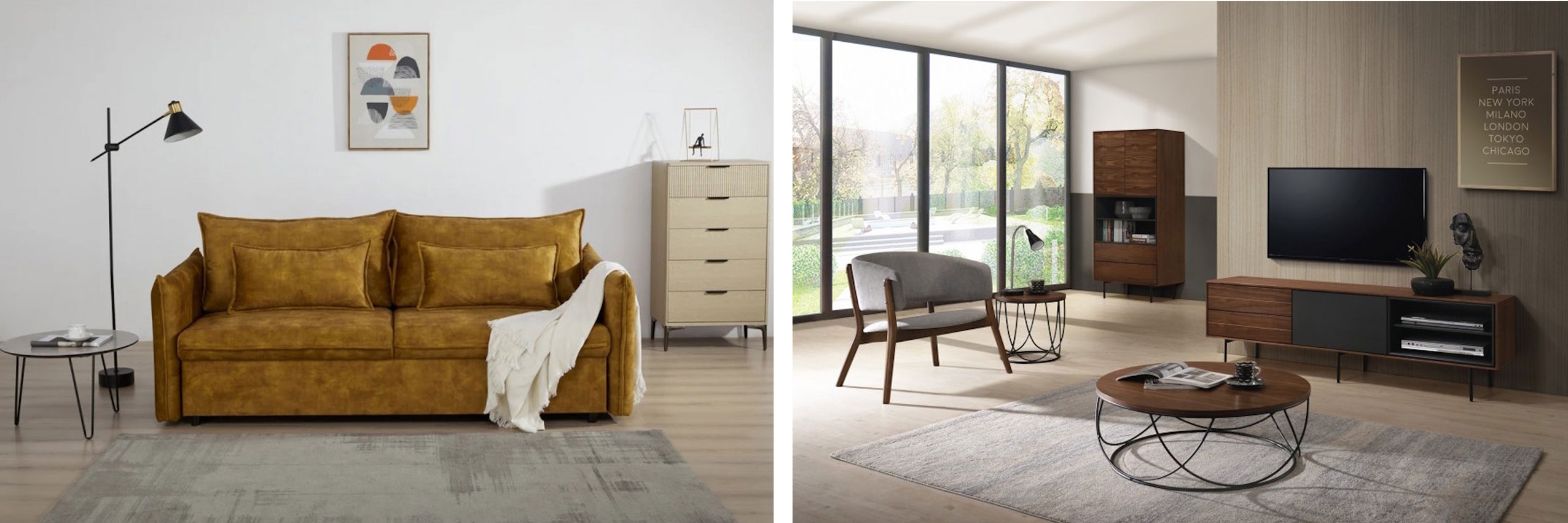 Dizajnová horčicová žltá škandinávska sedačka Heaven so zamatovým poťahom a luxusná zostava nábytku Nordica Nogal v severskom štýle s tmavým drevom a čiernymi detailmi