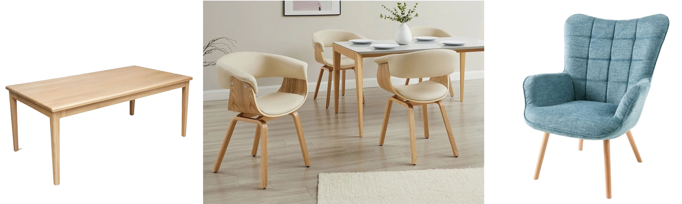 Dizajnový škandinávsky nábytok v svetlom hnedom prevedení masívny moderný obdĺžnikový stôl Bergen a kožená jedálenská stolička Ecco so svetlým krémovým prevedením a dizajovou opierkou a kreslo Scandinavia v štýle ušiaka s prešívaným textilným poťahom v modrej farbe