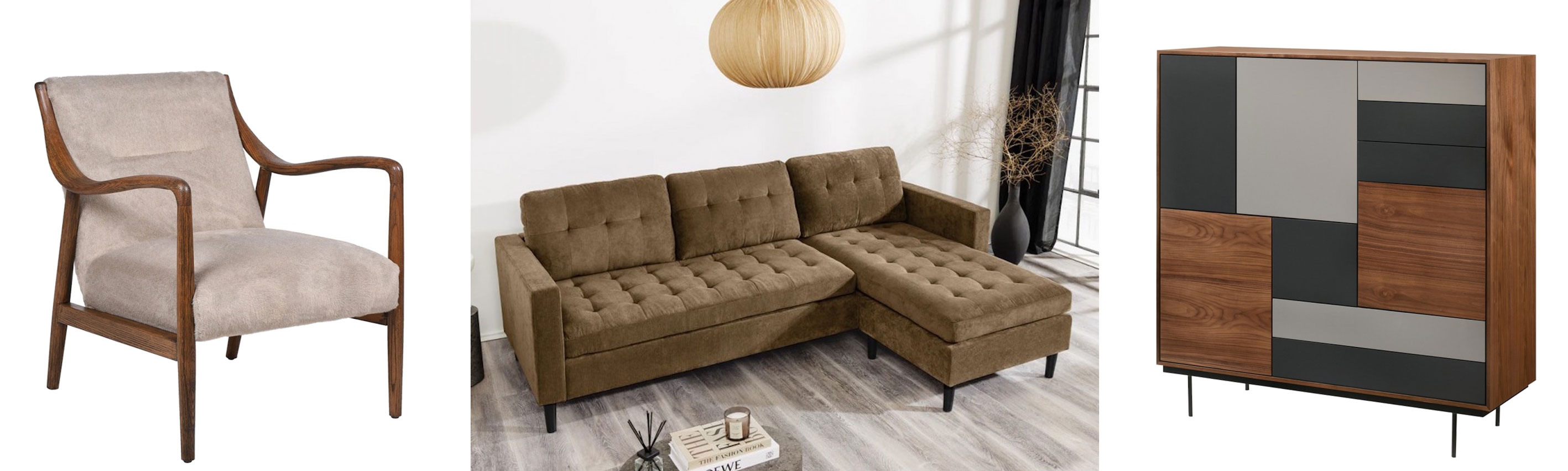 Luxusný nábytok v severskom štýle retro kreslo Kresnik s konštrukciou z tmavého ohýbaného dreva s kožušinovým poťahom s dizajnová rohová sedačka Sellan s hnedým prešívaným poťahom z menčestru a vysoký príborník Nordica Nogal z orechového dreva v hnedej farbe so sivými a čiernymi akcentmi