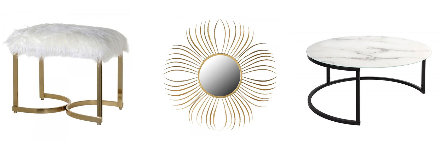 Luxusná art deco taburetka Toledo II, Dizajnové okrúhle art deco zrkadlo Phoebe zlatej farby, Art deco konferenčný stolík Benjamin II s mramorovou okrúhlou doskou