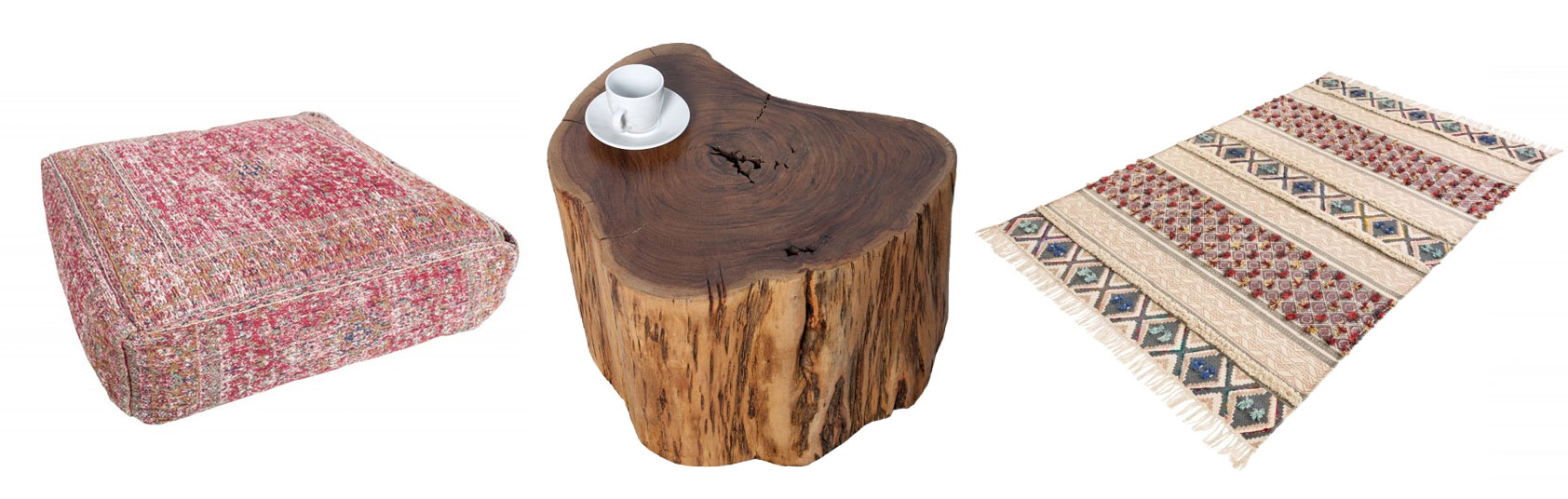 Štýlový etno vankúš Loudaya červenej farby, Dizajnová etno taburetka Pure z masívneho dreva, Štýlová etno koberec Suna s farebným vzorom