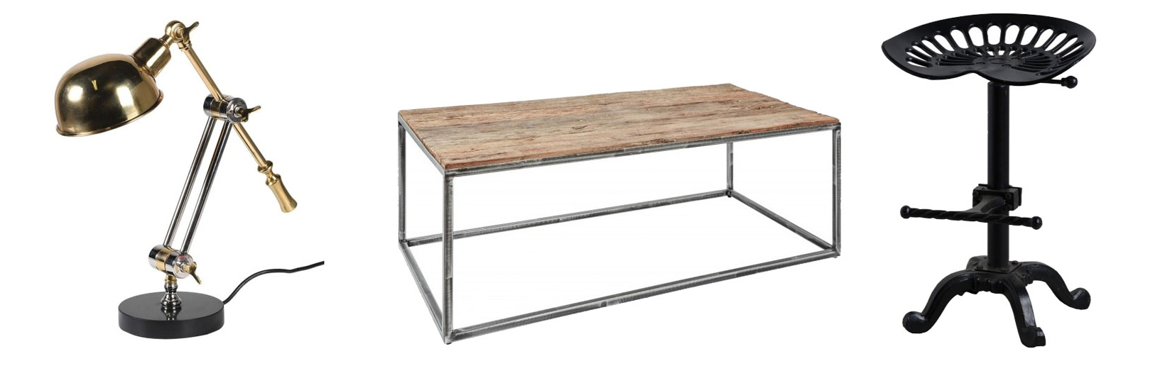 Dizajnová industriálna stolná lampa Goldspec, Moderný industriálny konferenčný stolík Gosport, Industriálna kovová barová stolička