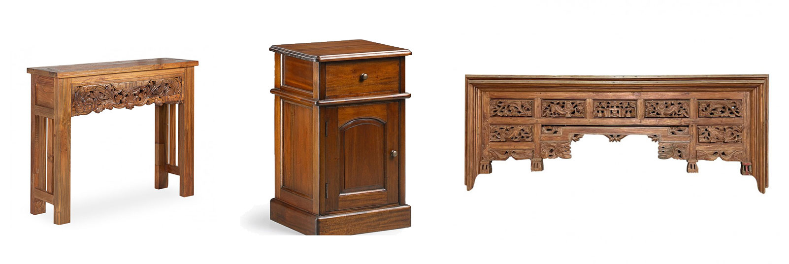 Masívny koloniálny konzolový stolík Talia, Koloniálny príručný stolík M-Vintage z masívneho dreva, Koloniálne ornamentálne čelo postele Merida