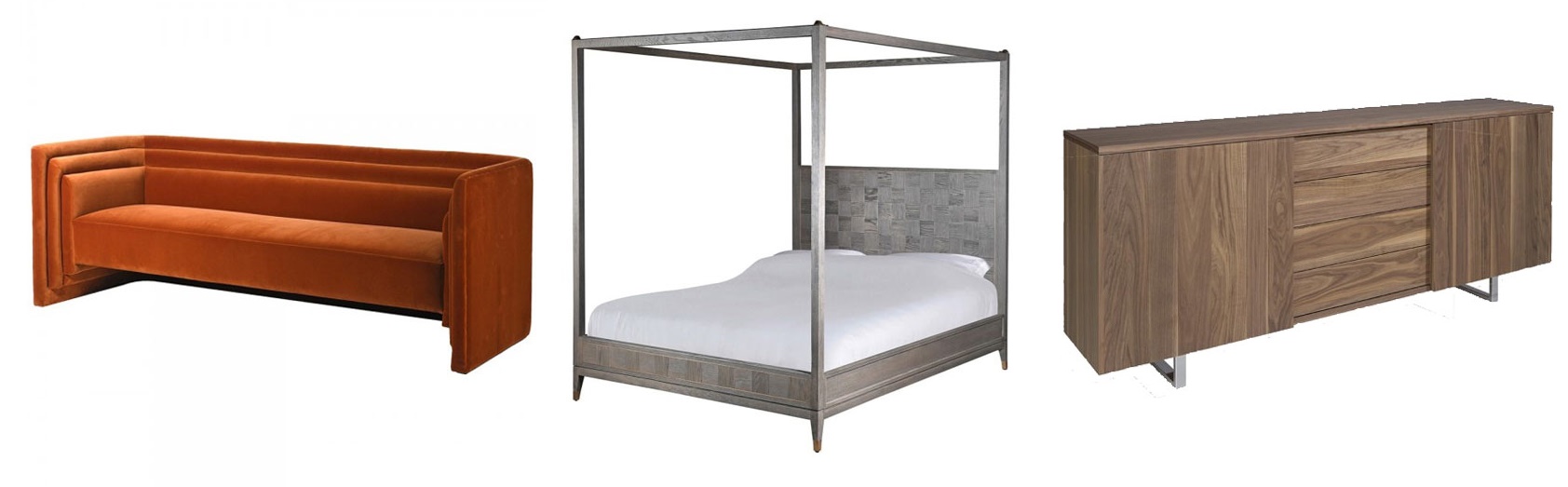 Dizajnová moderná oranžová sedačka Marker, Moderná manželská posteľ Emperor s vysokým čelom, Moderná komoda Vita Naturale z dreva s kovovými nohami