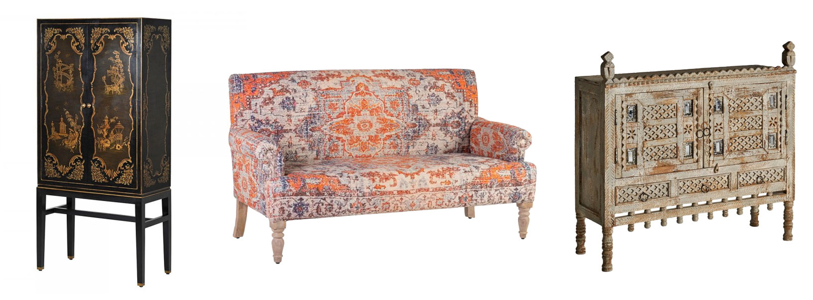 Dizajnová orientálna skrinka Chinia, Štýlová orientálna sedačka Malawi s farebným ornamentálnym čalúnením, Orientálna vyrezávaná skrinka Brodas z masívu svetlohnedej farby