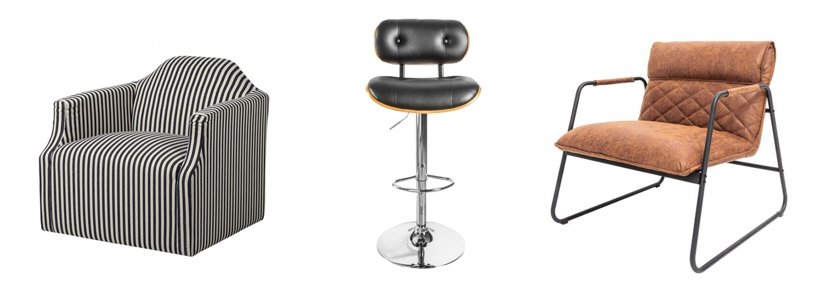 Štýlové retro pruhované kreslo Arkadda čierno-bielej farby, Dizajnová barová stolička Timna v retro štýle, Štýlové retro kreslo olympus z ekokože a kovu hnedej farby