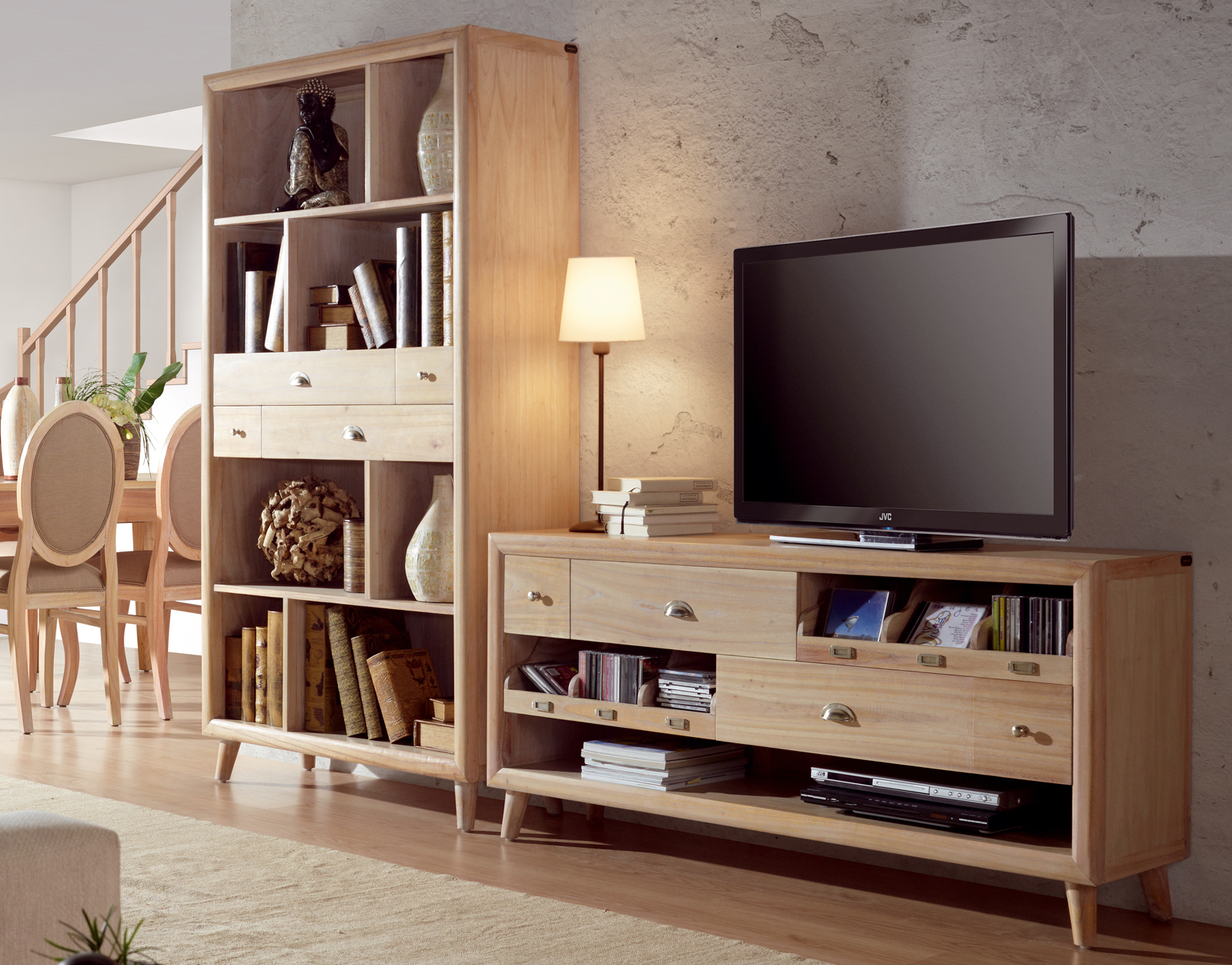 Dizajnová retro obývacia zostava Bromo z masívneho dreva hnedej farby