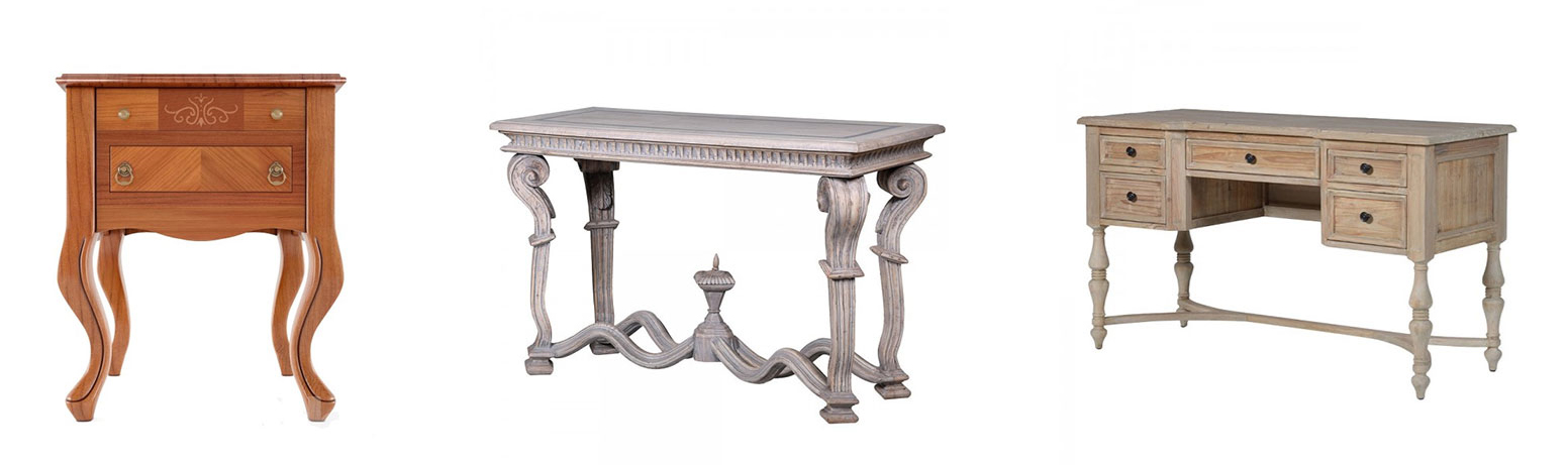 Rustikálny nočný stolík Castilla II s intarziou, Masívny konzolový stolík s ornamentálnym zdobením, Luxusný pracovný stôl Karlotta s vyrezávanými nožičkami