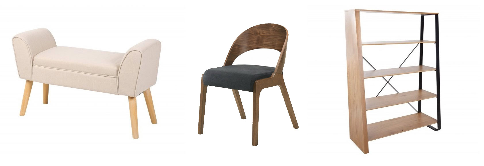 Dizajnová škandinávska lavica Karen bielej farby, Štýlová škandinávska jedálenská stolička Nordica Nogal z dreva, Škandinávsky drevený regál Linden s kovovou konštrukciou