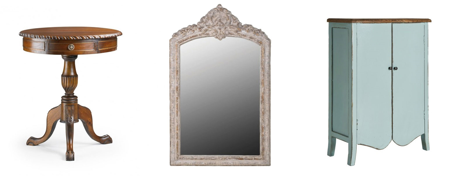 Masívny okrúhly príručný stolík M-vintage, Vintage nástenné zrkadlo s masívnym ozdobným rámom, Exkluzívna konzola Minaret s úložným priestorom v svetlomodrej farbe