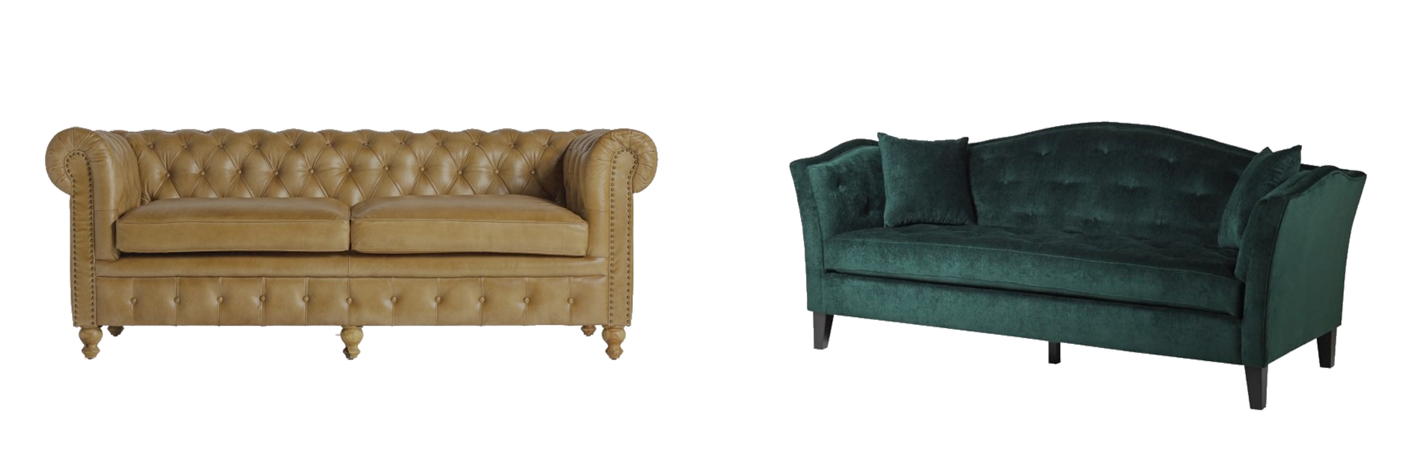 Sedačky v klasickom elegantnom štýle hnedá kožená sedačka Talbot s chesterfield dizajnom a sedačkq Relia s opierkou v camelback dizajne so zamatovým tmavozeleným poťahom