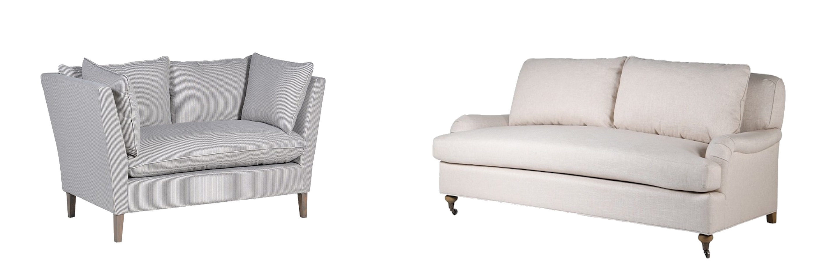 Tradičné sedačky čiernobiela knole sedačka Malisa s prúžkovaným poťahom a šikmými opierkami a krémová English Arm Roll sedačka Belgian s nízkymi opierkami a drevenými nohami