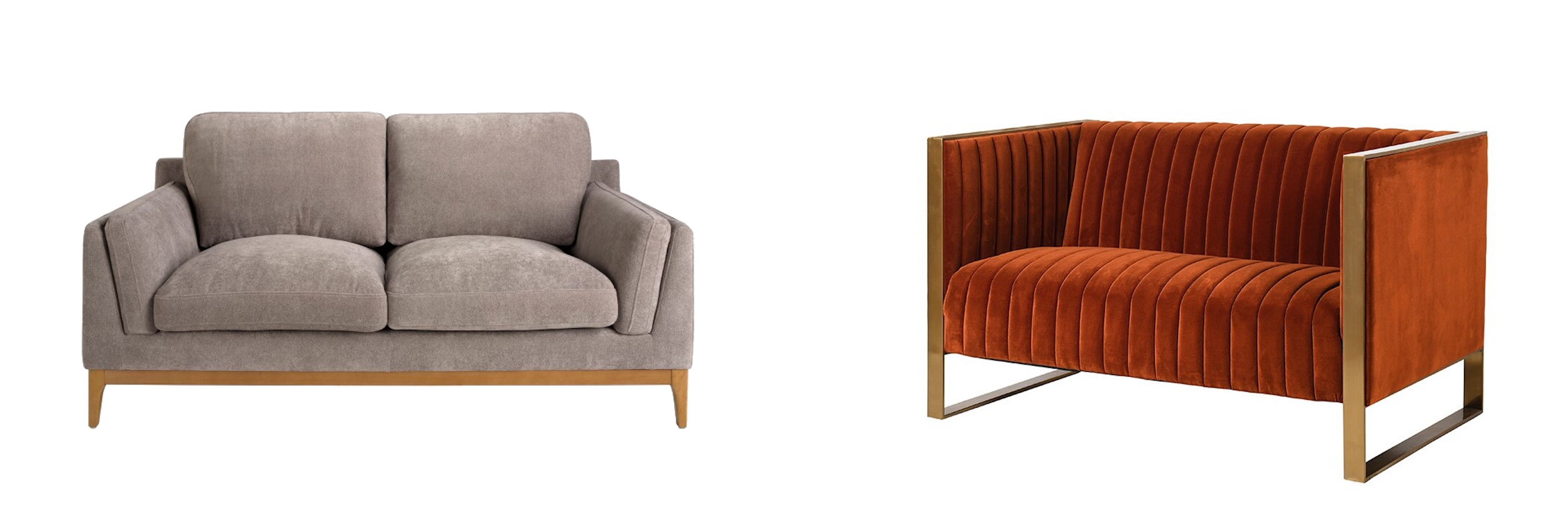 Dizajnové sedačky v modernom štýle sivohnedá sedačka Vita Naturale s drevenými nohami v Lawson štýle a retro tuxedo sedačka Arroyo so zamatovým oranžovým poťahom a zlatým rámom