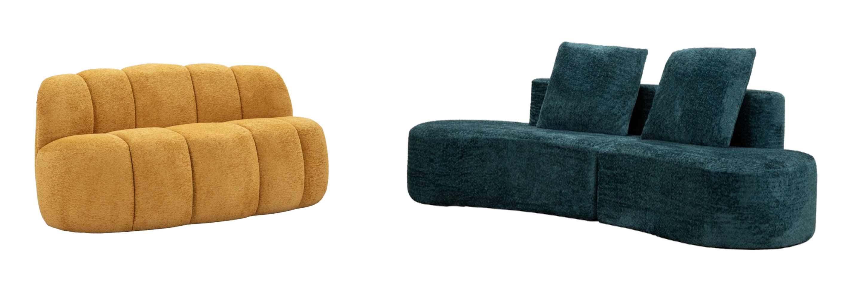 Moderné sedačky s organickými zaoblenými tvarmi cloud sedačka Berry so žltým plyšovým poťahom a zamatová curved sedačka Lilos v tyrkysovom prevedení