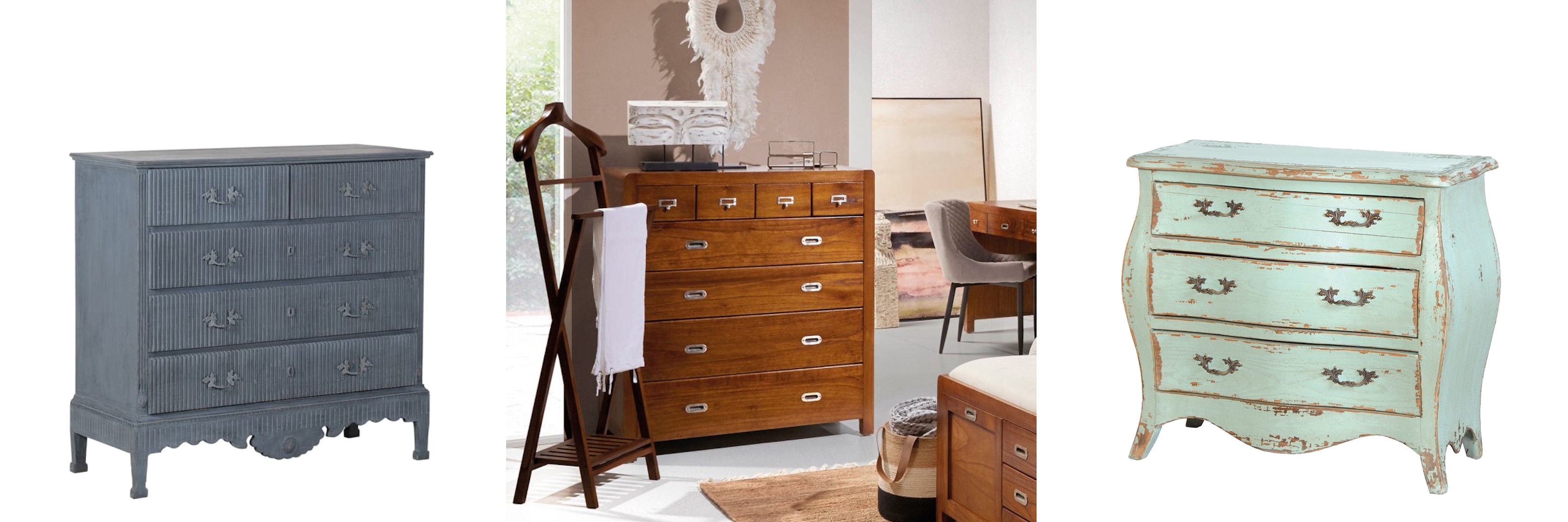 Dizajnové štýlové komody modrá vintage komoda Dolores s vyrezávaným zdobením a masívna koloniálna komoda Flash z dreva mindi v naturálnej hnedej farbe a klasická komoda Etienne so starožitným dizajnom v zelenej farbe