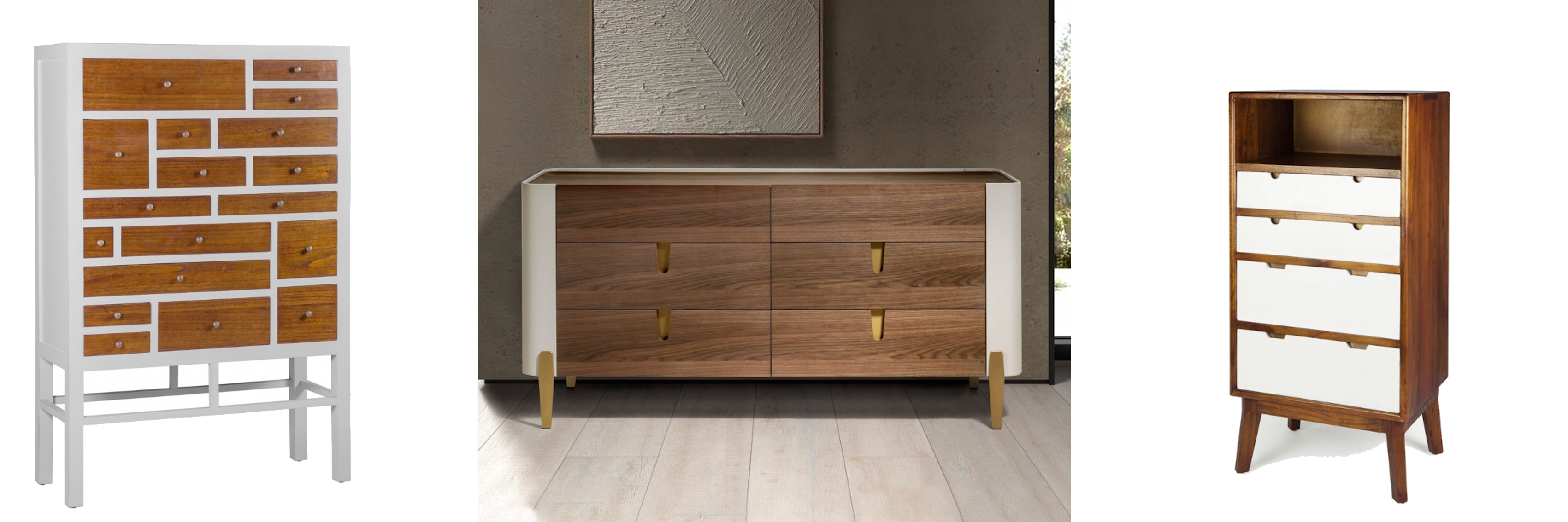 Dizajnové luxusné drevené komody hnedo-biela komoda Javier s asymetrickými zásuvkami s široká komoda Forma Moderna s art deco nádychom a vysoká komoda Norse s bielymi zásuvkami v severskom štýle