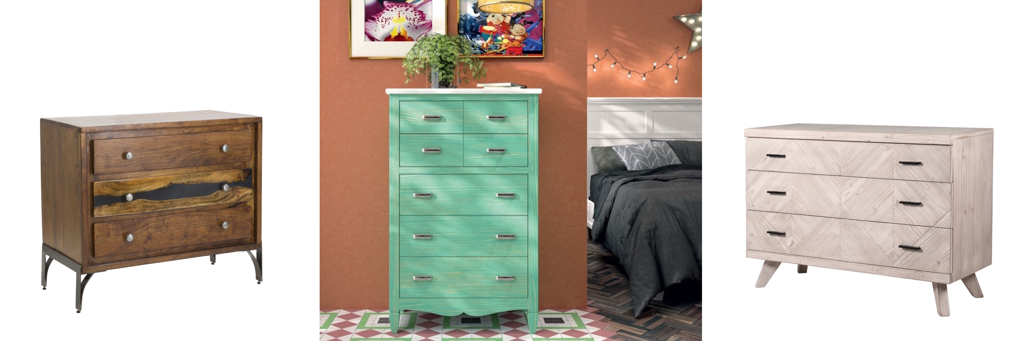 Štýlové dizajnové komody masívna akáciová hnedá komoda Selvaggio s čiernymi industriálnymi detailmi a moderná zelená komoda Amberes s vidieckym nádychom a luxusná komoda Parquete z bieleného dreva s parketovým diagonálnym vzorom