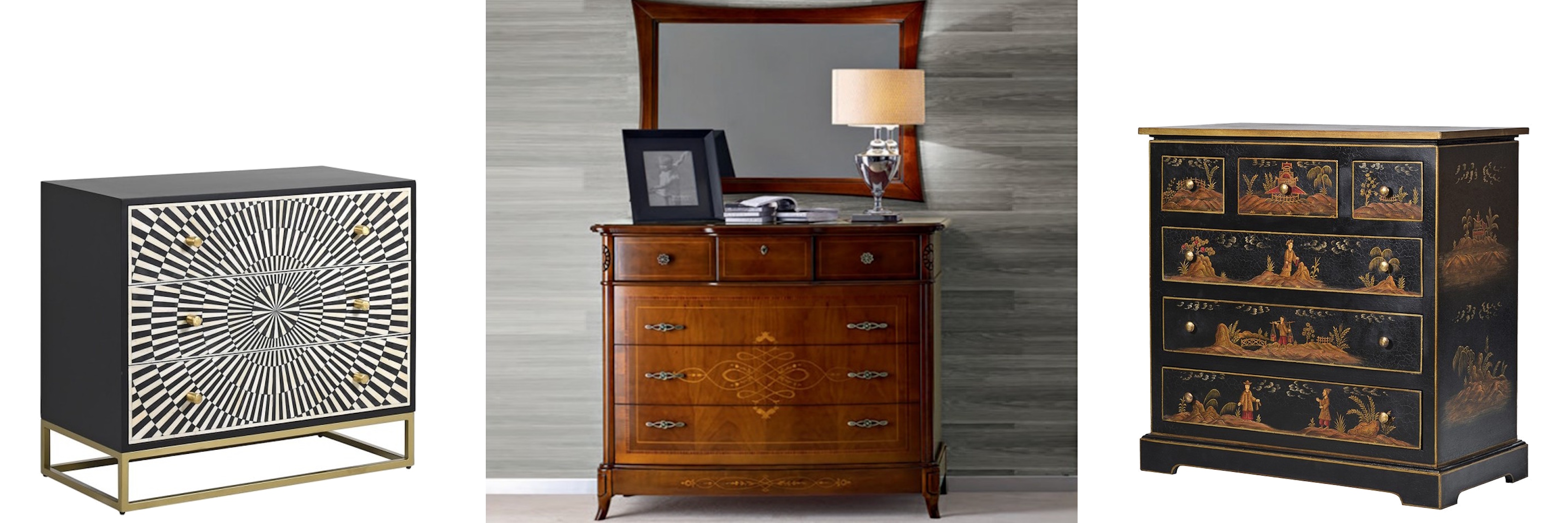 Luxusné dizajnové komody art deco komoda Siciliano s lúčovou intarziou v čiernej a bielej farbe a masívna rustikálna komoda Carpessio s ornamentálnym zdobením a vyrezávaním a vintage čierna komoda Chinia s maľovaným tradičným motívom ryžových polí