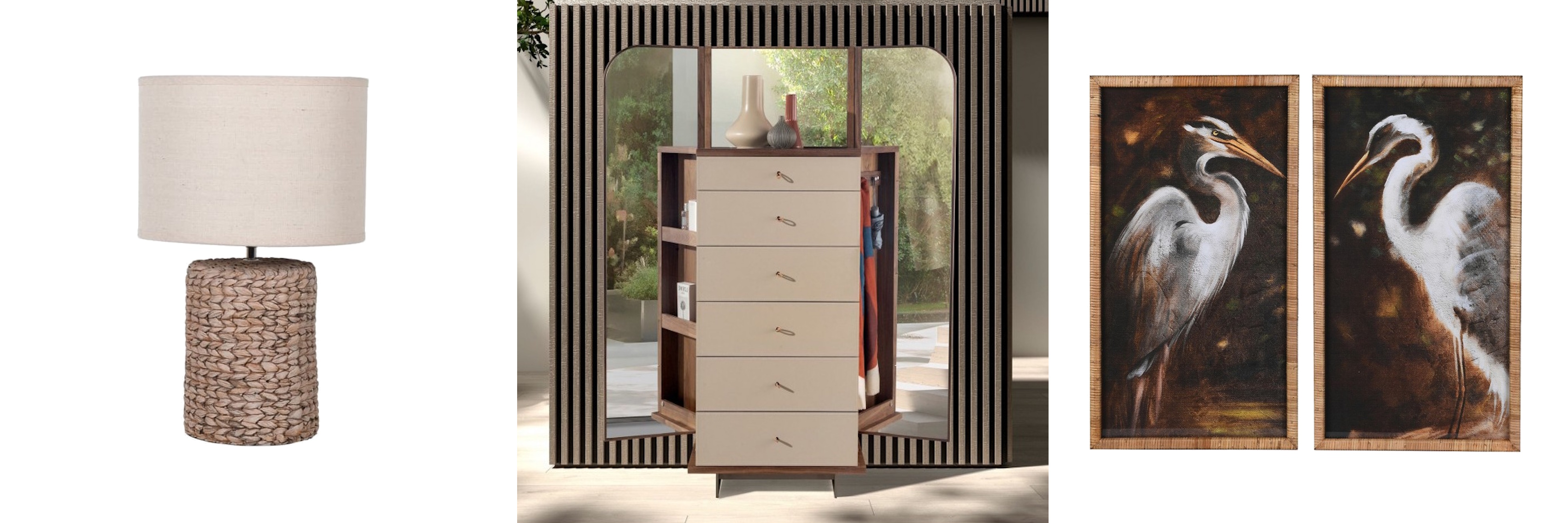 Štýlové doplnky a nábytok dizajnová koloniálna stolná lampa Alcoa s nohou obtočenou lanom s luxusná kožená komoda Charmoin s vyklápacími zrkadlovými panelmi a vintage set dvoch obrazov Heron s motívom žeriavov