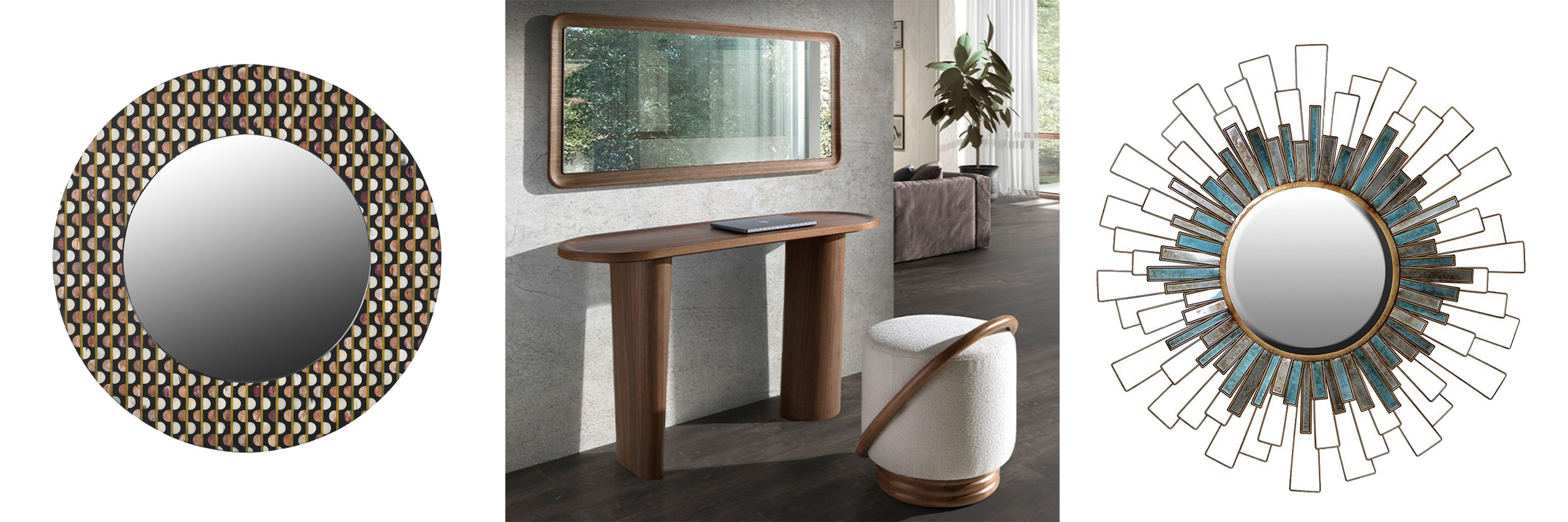 Luxusné zrkadlá okrúhle zrkadlo Hajdy v retro štýle s rámom s geometrickým vzorom a minimalistické obdĺžnikové zrkadlo Vita Naturale s rámom v orechovom prevedení a dizajnové okrúhle zrkadlo Satordi s atypickým kovovým rámom v art deco štýle