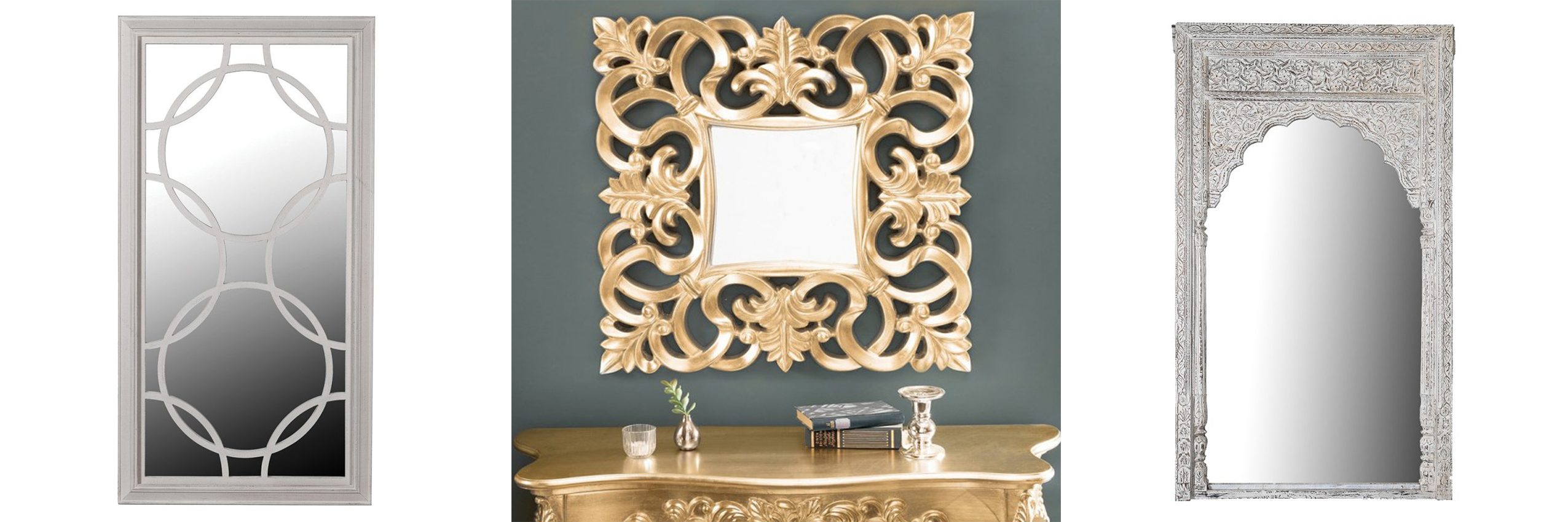 Elegantné hranaté zrkadlá odĺžnikové zrkadlo Modern Orient zo svetlého dreva s geometrickým dizajnom a štvorcové zlaté zrkadlo Venice s dekoratívnym rámom v klasickom štýle a vysoké biele vintage zrkadlo Agra s orientálnym kvetinovým dekorom
