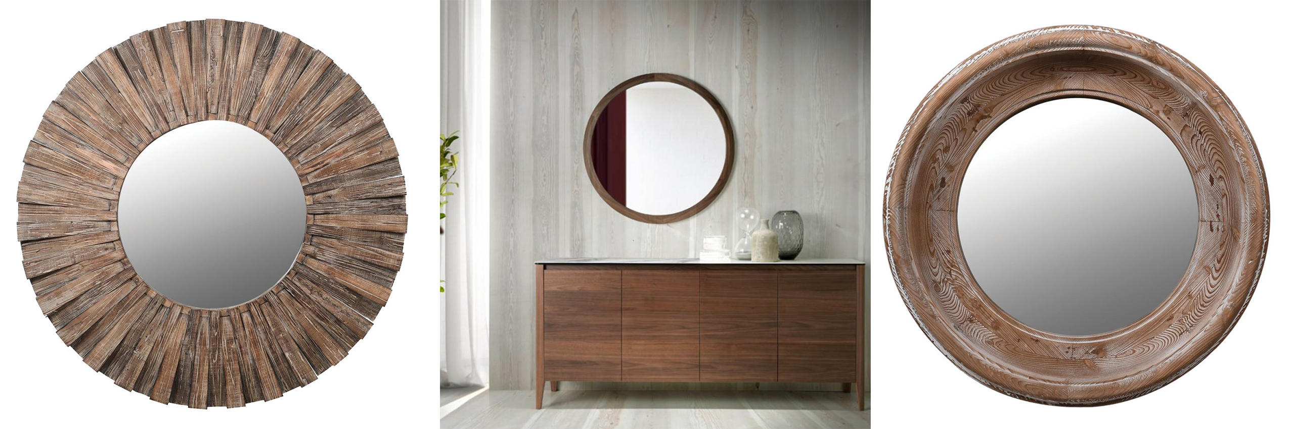 Luxusné okrúhle drevené zrkadlá etno zrkadlo Radiant s dizajnom naplaveného dreva a minimalistické zrkadlo Vita Naturale s hladkým rámom a vintage zrkadlo Hunley s efektom zámerného zostarnutia
