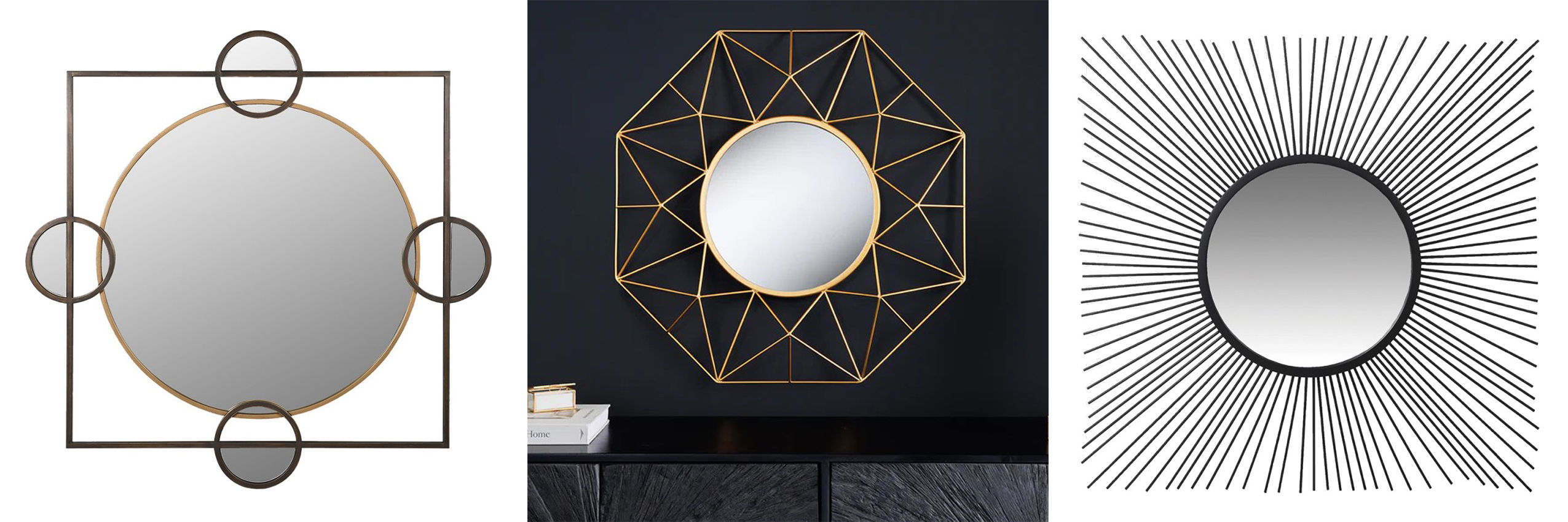 Okrúhle zrkadlá s atypickým rámom art deco zrkadlo Orb s geometrickým dizajnom a zlaté glamour zrkadlo Diamont s kovovým rámom s diamantovým vzorom a moderné čierne zrkadlo Rovenna s rámom v podobe lúčov