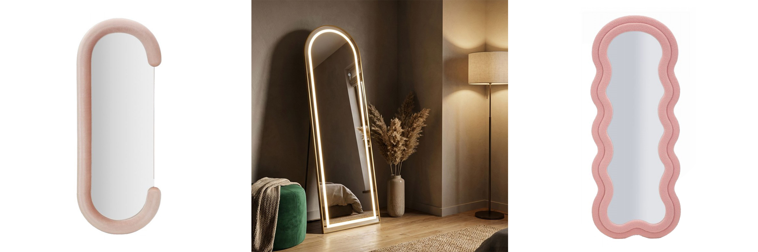Moderné art deco a glamour zrkadlá oválne zamatové svetlo ružové zrkadlo Roza s rámom v tvare C a stojace zrkadlo Leanor s LED podsvietením s zlatým rámom s oblúkom a ružové čalúnené buklé zrkadlo Swan so zvlneným rámom