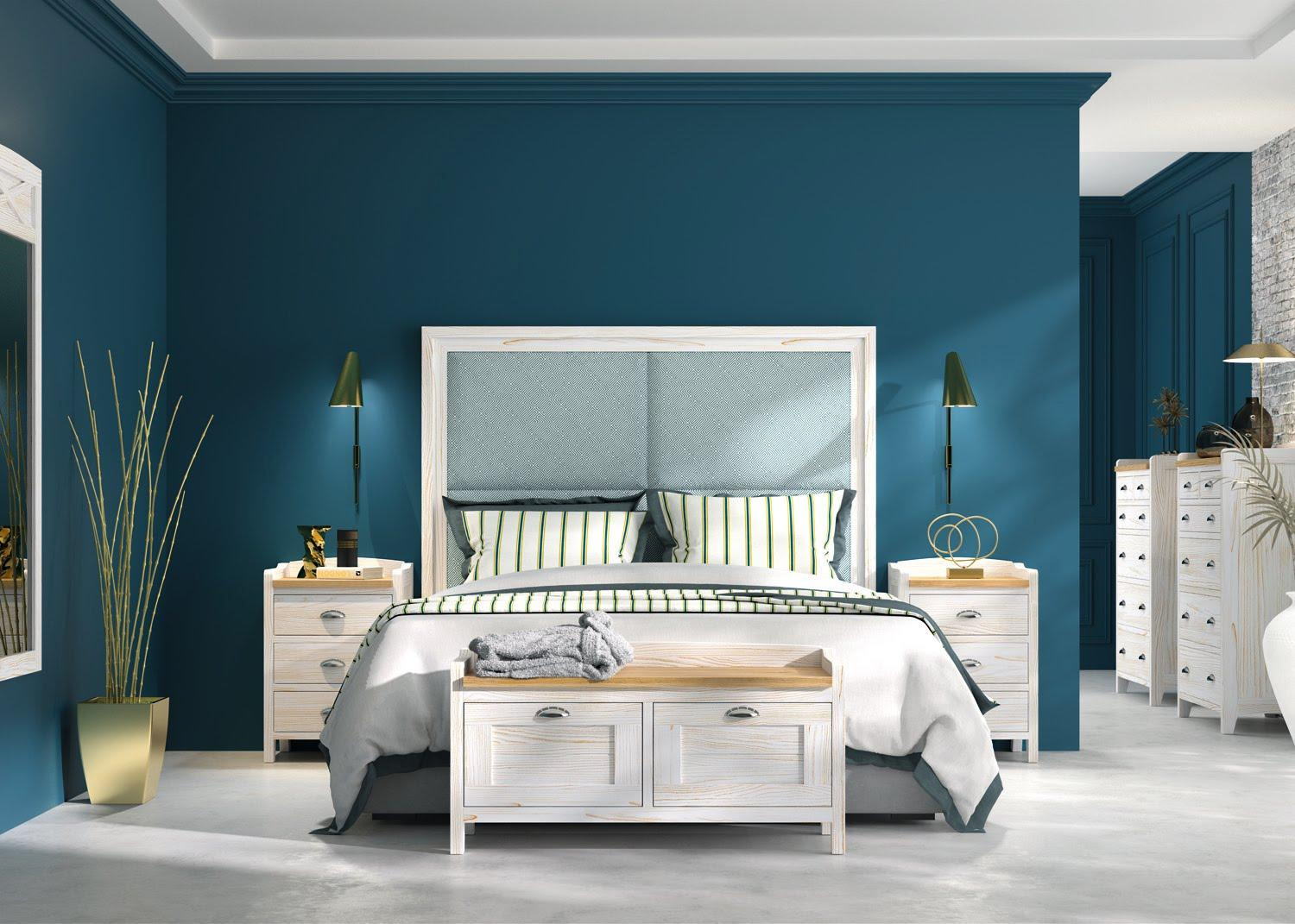 Luxusný nábytok do spálne v bielo modrej farebnej kombácii