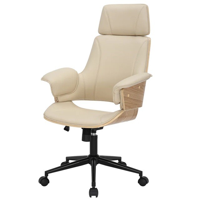 Estila Moderná otočná výškovo nastaviteľná kancelárska stolička Madison s béžovým koženým čalúnením a hnedým dreveným rámom 68 cm
