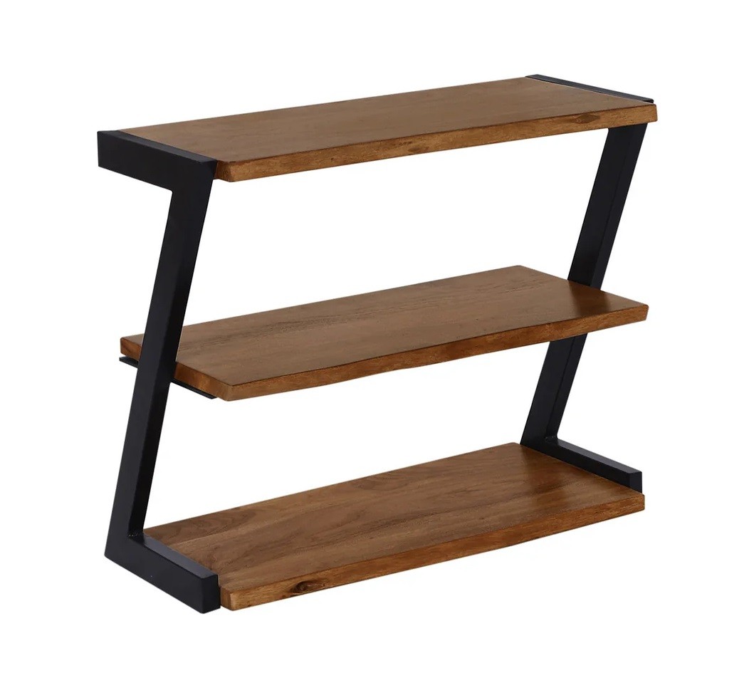 Estila Industriálny hnedý trojúrovňový botník Mammut z masívneho akáciového dreva s kovovou konštrukciou v čiernej farbe 75 cm