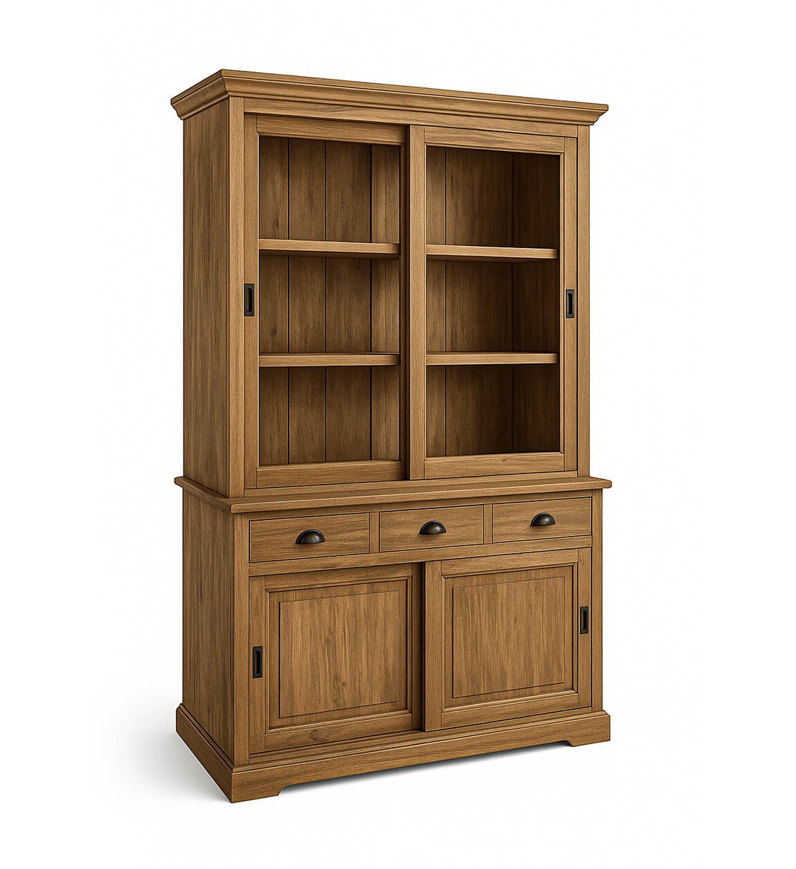 Estila Luxusná vidiecka vitrína Shetland s dvomi sklenenými a dvomi plnými dvierkami s tromi zásuvkami z hnedého masívneho dreva 220 cm